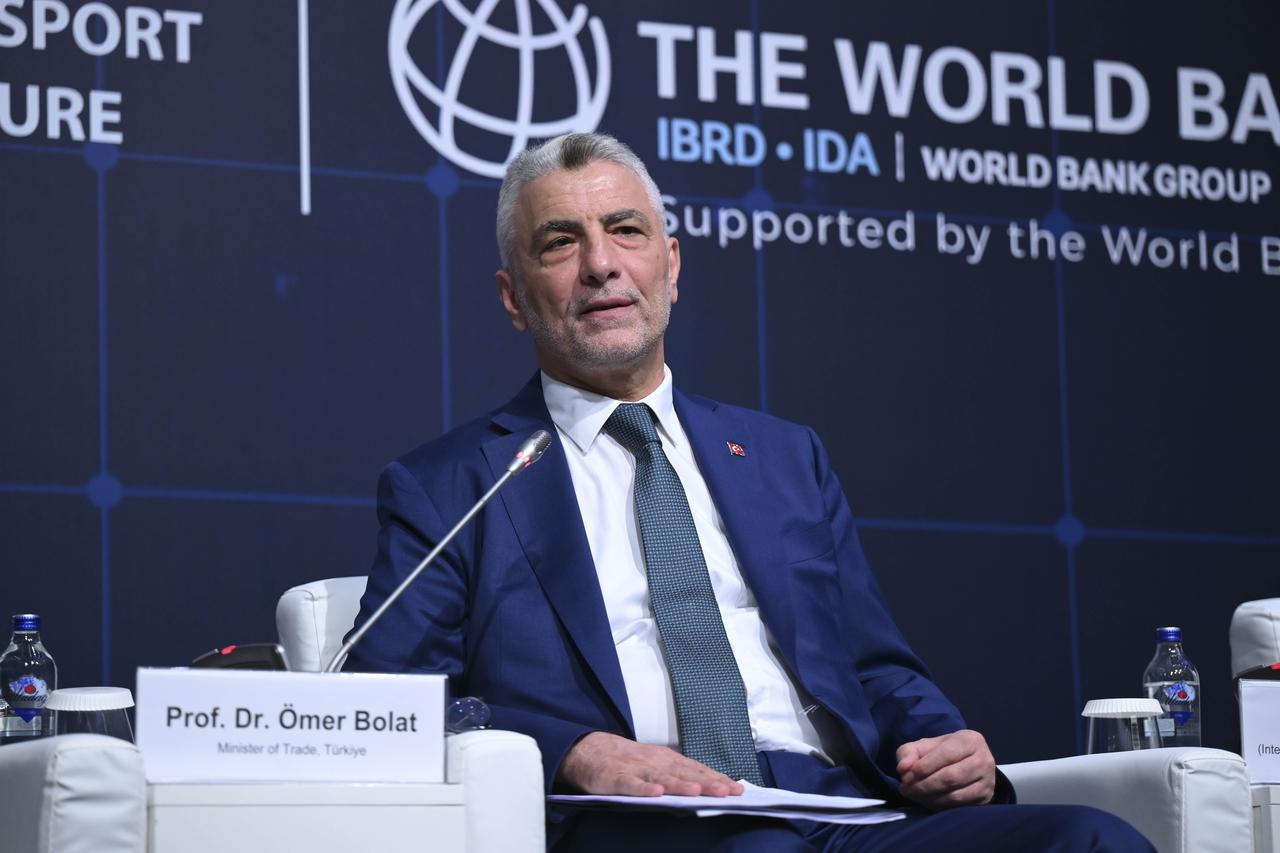 Türkiye’s Minister of Trade Omer Bolat takes part in a discussion at the Global Transport Connectivity Forum in Istanbul, Türkiye, on June 28, 2025. (AA Photo)