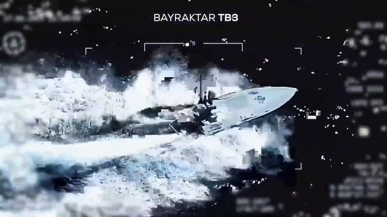 Screenshot from a video of a joint test of Baykar's Bayraktar TB3 UAV and MKE's PIRANA kamikaze unmanned surface vehicle (KUSV) on June 28, 2025. (Photo via X/@BaykarTech)