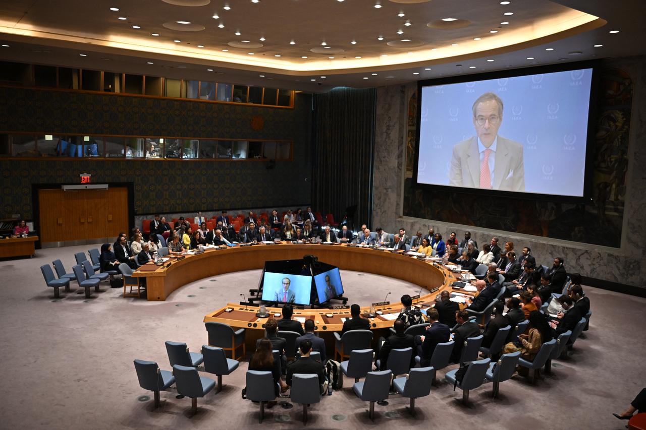 Director General of the International Atomic Energy Agency (IAEA) Rafael Grossi, is seen on a TV screen as he speaks during a United Nations Security Council meeting on the Israel-Iran conflict at the UN headquarters in New York on June 20, 2025. (AFP Photo)