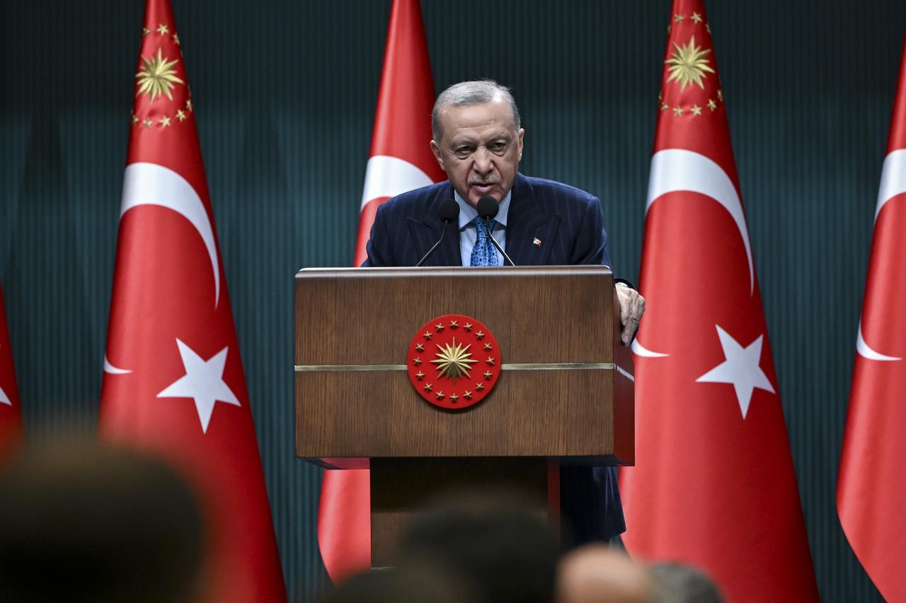 President Recep Tayyip Erdogan makes a statement to the press members after chairing the cabinet meeting held at the Presidential Complex in Ankara, Türkiye on June 16, 2025. (AA Photo)