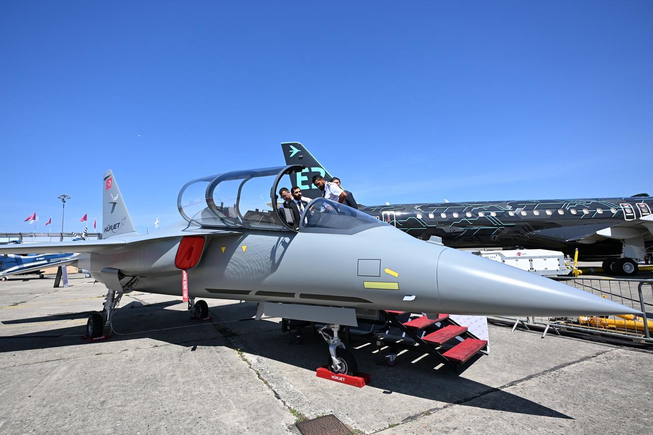Visitors look the Hurjet as on display during the 55th edition of the International Paris Air Show at the Paris–Le Bourget Airport, in Le Bourget, north of Paris on June 20, 2025. (AA Photo)