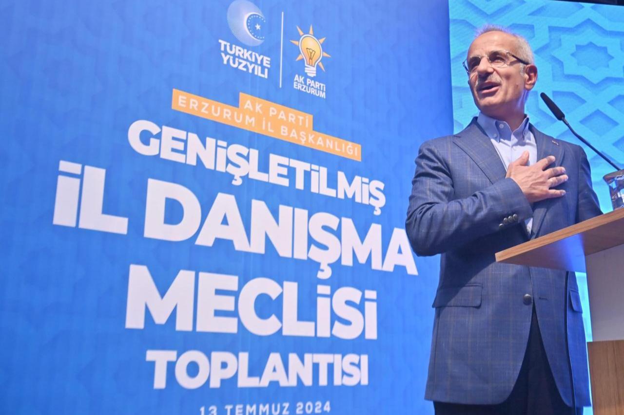 Minister of Transport and Infrastructure Abdulkadir Uraloglu Made Statements at the AK Party Erzurum Expanded Provincial Advisory Council Meeting, Erzurum, Türkiye, July 13, 2024 (IHA Photo)