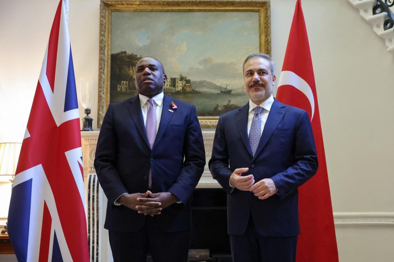 Turkish Foreign Minister Hakan Fidan (R) meets with UK Foreign Secretary David Lammy (L) to hold talks on bilateral relations, regional and international developments during his official visit in London, United Kingdom on October 30, 2024. (AA Photo)