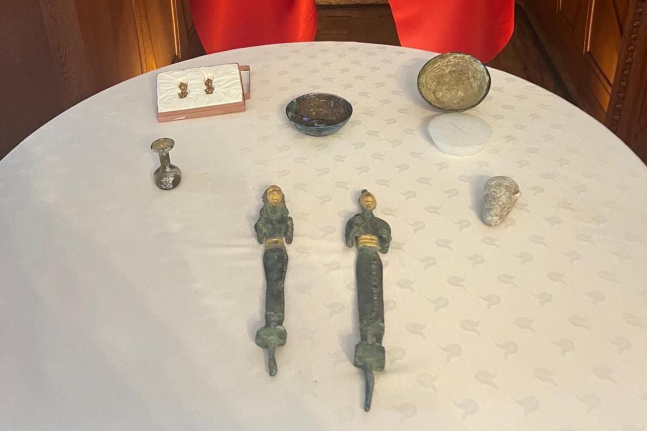 Seven Bronze Age artifacts, including gilded votive figurines, were returned to Türkiye from Switzerland, Bern, June 2, 2025. (AA Photo)