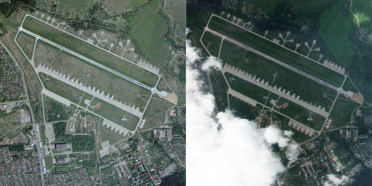 This combination of pictures created on June 2, 2025 shows from left: a satellite image taken and released by Planet Labs PBC on June 2, 2025, showing a pre-strike image of the Ivanovo Airbase east of Moscow, captured on May 22, 2025, and a satellite image taken and released by Planet Labs PBC on June 2, 2025, showing a post-strike image of Ivanovo Airbase, east of Moscow captured on June 2, 2025. (Photo by Handout / 2025 Planet Labs PBC / AFP)
