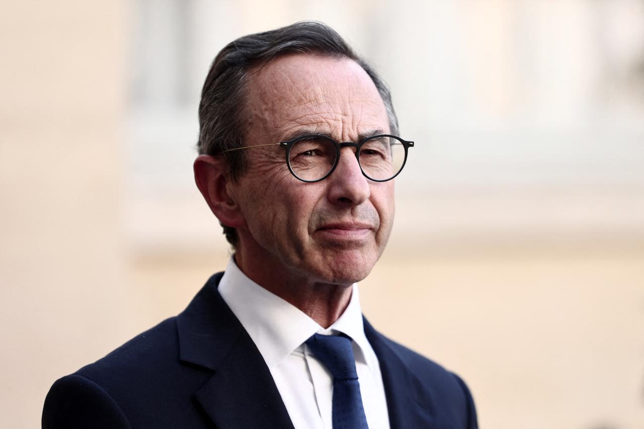 President of Les Republicains (LR) right-wing party Bruno Retailleau looks on after a meeting with Frances Prime Minister focused on the proportional vote at Hotel Matignon in Paris on June 2, 2025. (Photo by Thibaud MORITZ / AFP)