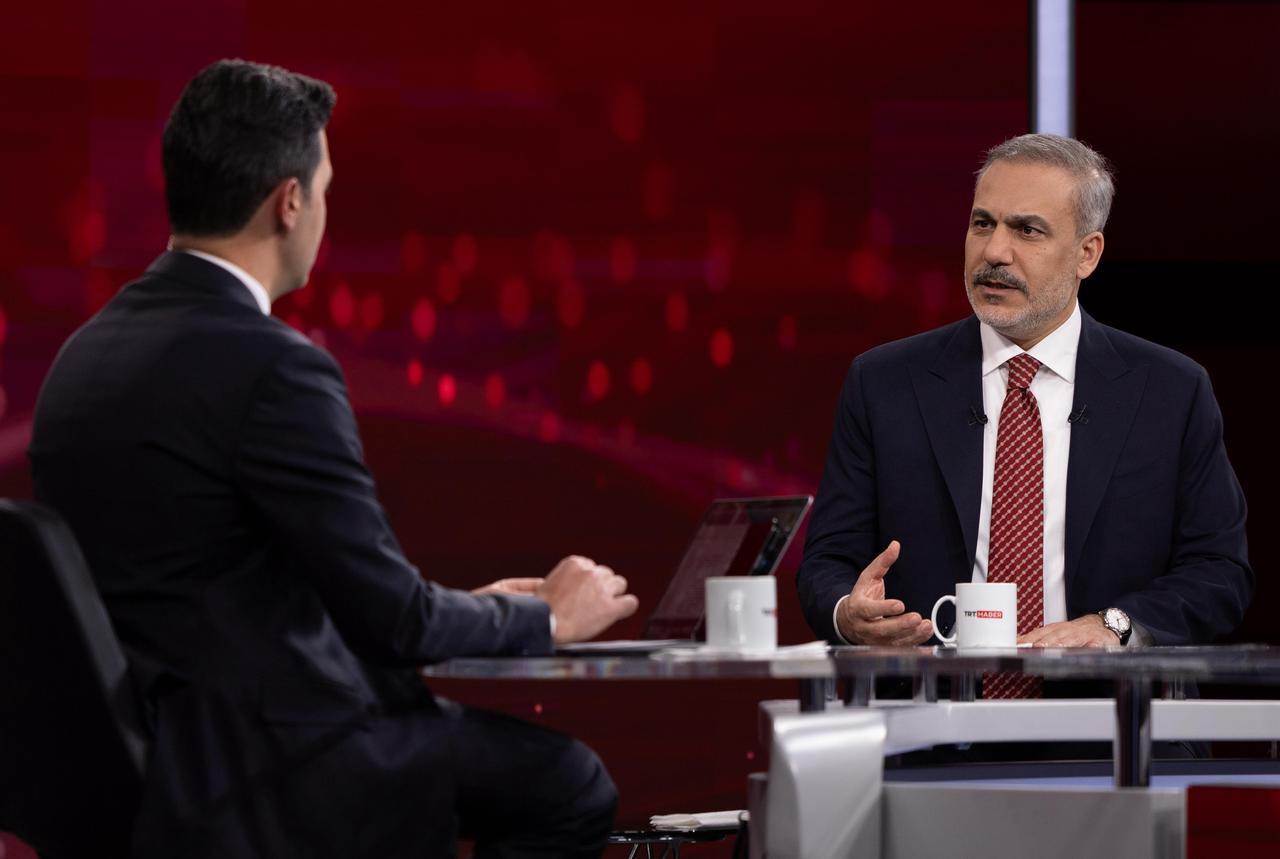 Foreign Minister Hakan Fidan answers questions on current issues during a live broadcast on Turkish state broadcaster TRT Haber in Ankara, Türkiye on June 3, 2025. (AA Photo)