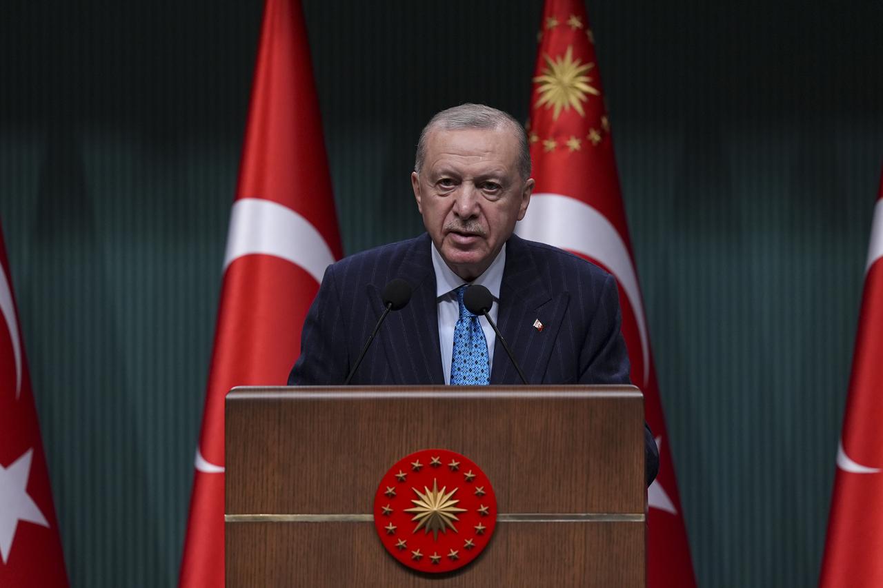 ANKARA, TURKIYE - JUNE 2: Turkish President Recep Tayyip Erdogan makes a statement to the press members after chairing the Cabinet Meeting held at the Presidential Complex in Ankara, Turkiye on June 2, 2025 ( Muhammed Selim Korkutata - Anadolu Agency )