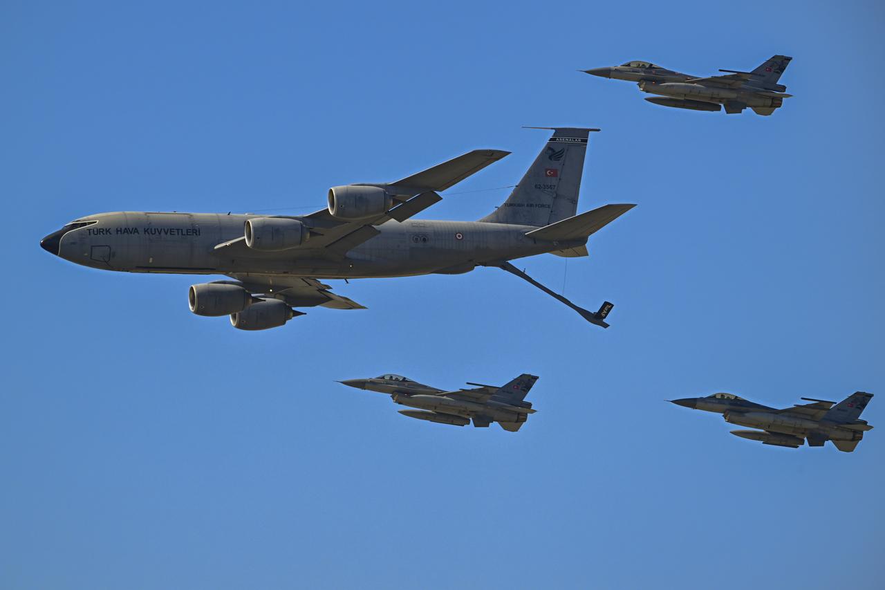 A KC-135R Stratotanker and F-16 fighter jets perform a flypast during the fourth day of Türkiye's premier technology and aerospace event TEKNOFEST, held at Adana Airport in Adana, Türkiye on October 5, 2024. (AA Photo)
