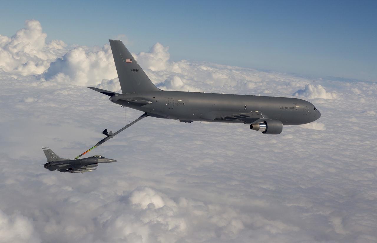 A F-16 flown by Maj Spencer Bell, 40th Flight Test Squadron test pilot, receives fuel from a KC-46 Pegasus during a flutter mission at Eglin Air Force Base, Fla., Dec. 12, 2019. This was the first operational refueling by the new McConnell AFB aircraft, from the 344 Air Refueling Squadron, which only had a total of 11 flight hours.  (U.S. Air Force photo by Tech. Sgt. John Raven)