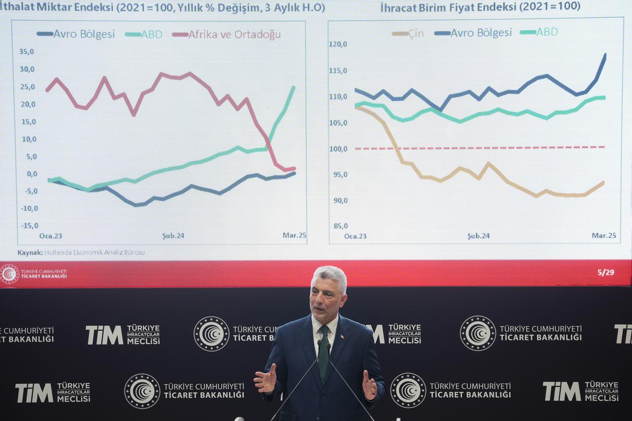 Türkiye's Trade Minister Omer Bolat presents Türkiye’s May foreign trade figures during a press conference at the Ministry of Trade in Ankara on June 2, 2025. (AA Photo)