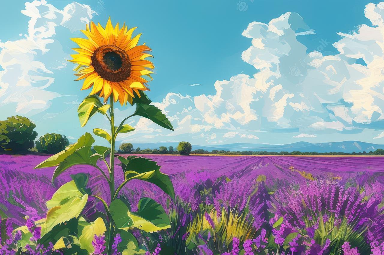 illustration of a sunflower blooming in a lavender field, accessed on June 30, 2025 (Adobe stock )