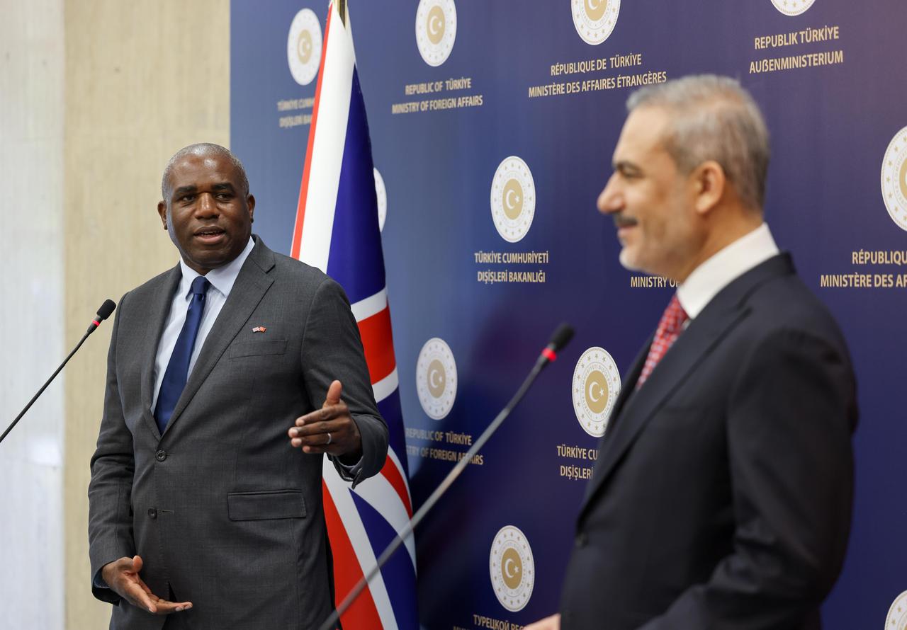 Foreign Minister Hakan Fidan (R) and UK Foreign Secretary David Lammy (L) hold a joint press conference after their meeting in Ankara, Türkiye on June 30, 2025. (Turkish Ministry of Foreign Affairs /AA Photo)
