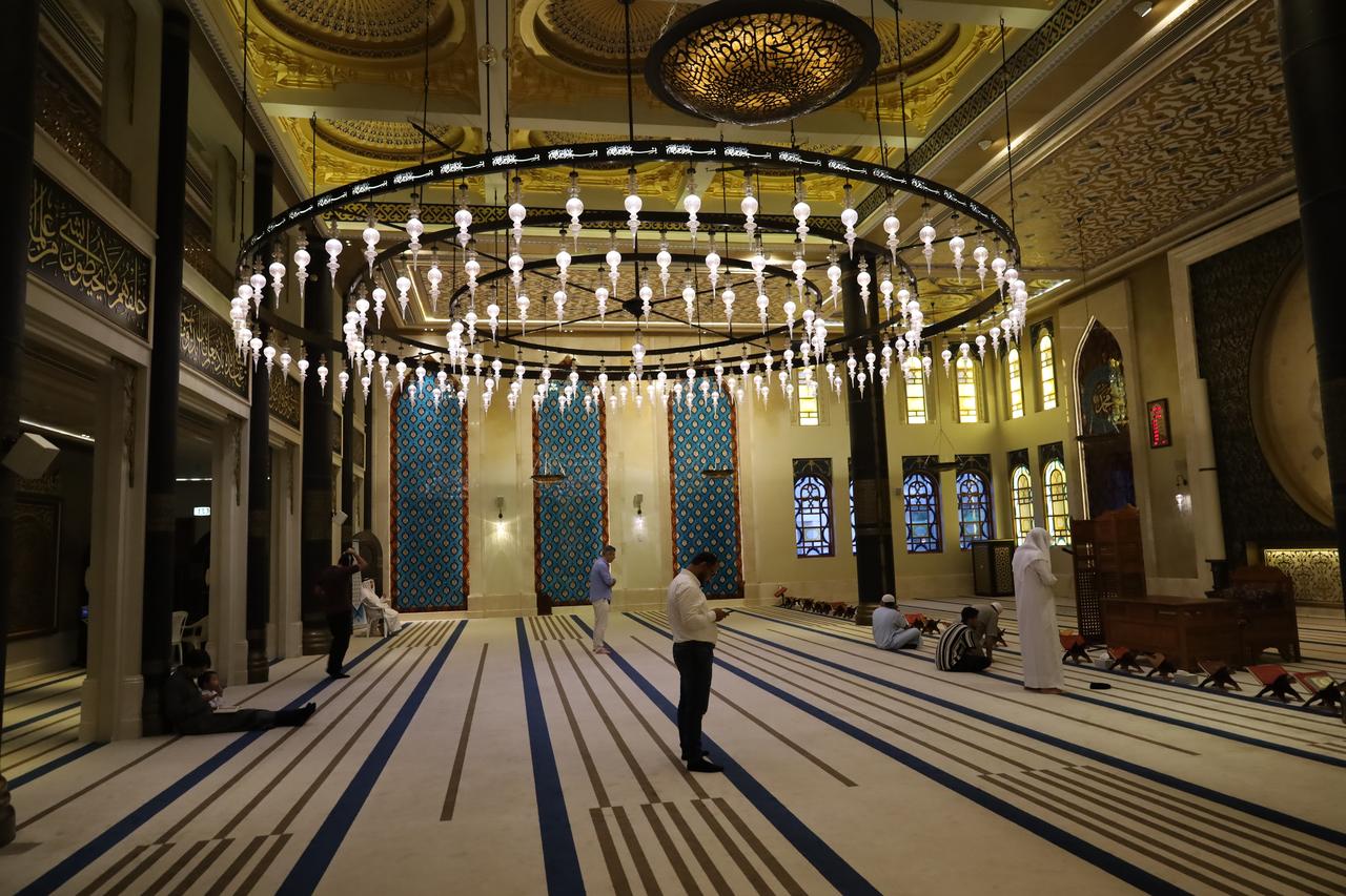 A general view of the Katara Mosque, also known as “Qatar’s Turquoise Mosque,” which draws attention with its striking architecture, vibrant colors, and intricate ornamentation, in Doha, Qatar, June 29, 2025. (AA Photo)