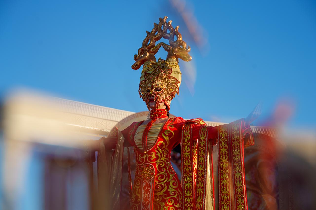 Models present traditional Turkish clothing within the framework of the 8th Turkic World Women and Fashion Festival at the Aktau Amphitheatre in Aktau, Kazakhstan, June 29, 2025. (AA Photo)