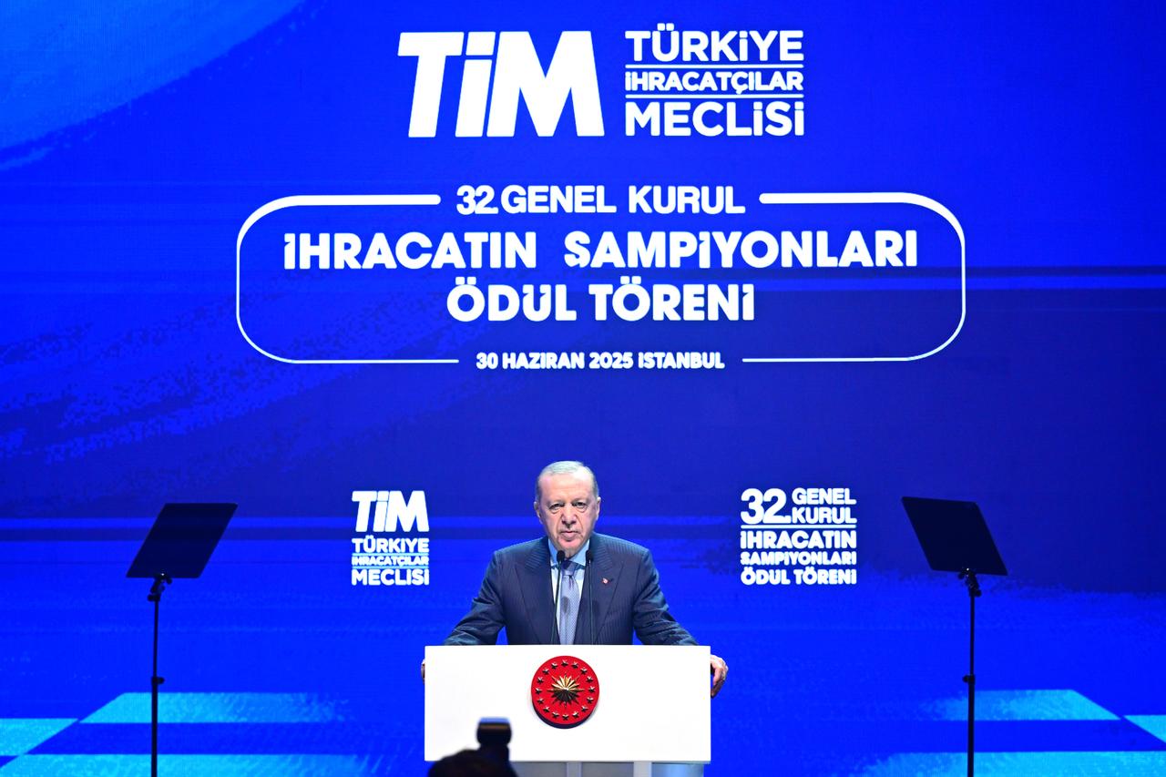 President Recep Tayyip Erdogan speaks during the 32nd Ordinary General Assembly of Türkiye Exporters Assembly and Export Champions Award Ceremony at Halic Congress Center in Istanbul, Türkiye on June 30, 2025. (AA Photo)