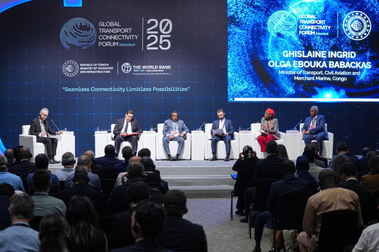 Panelists including officials from CIT, Chad, Montenegro, and DEIK take part in a session on railways and supply chain resilience at the Global Transport Connectivity Forum. Istanbul, June 28, 2025. (AA Photo)