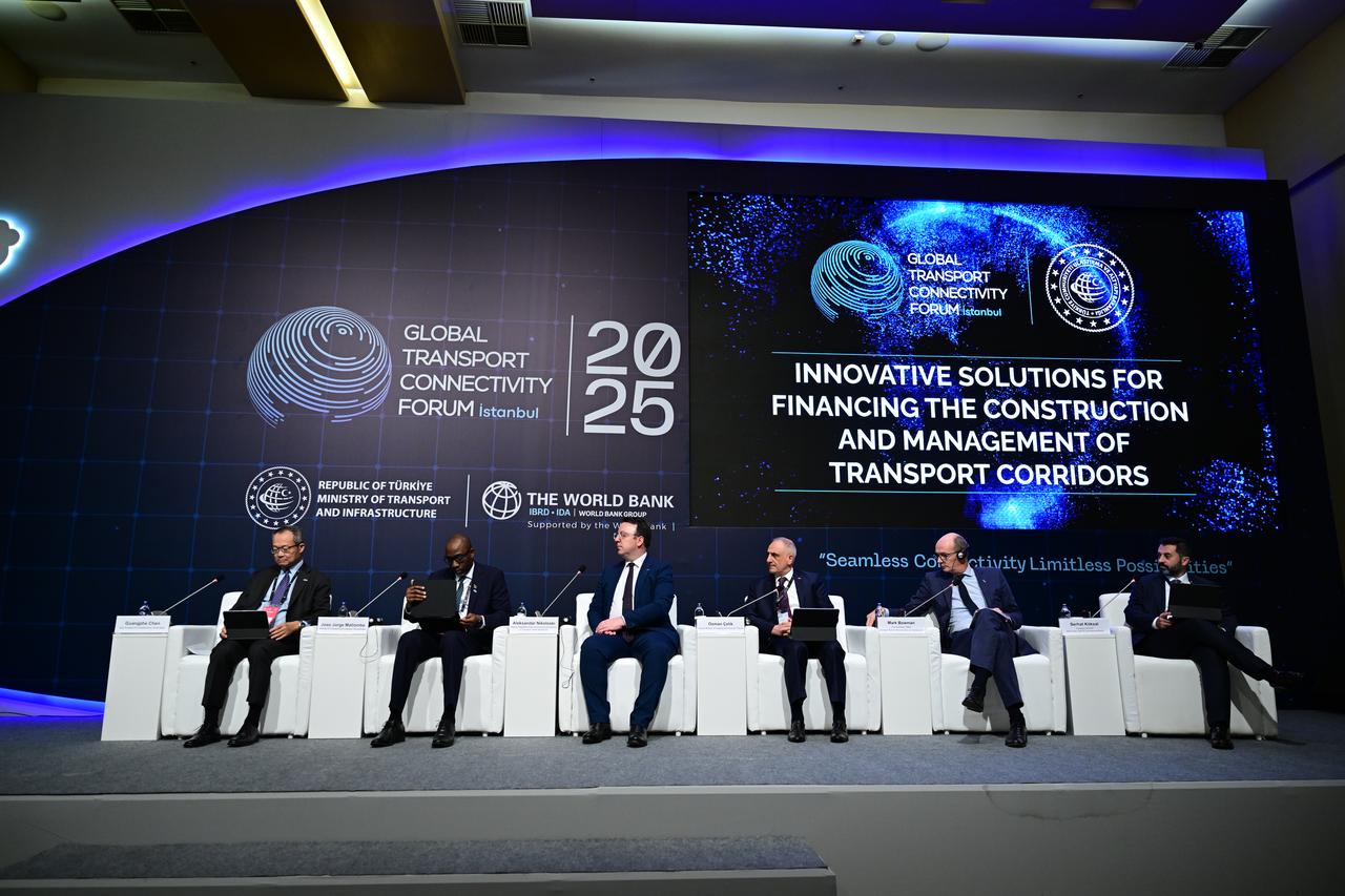 Officials from Türkiye, North Macedonia, Mozambique, the EBRD, BSTDB, and World Bank attend a session on innovative transport financing at the Global Transport Corridors Forum, Istanbul, June 28, 2025. (AA Photo)