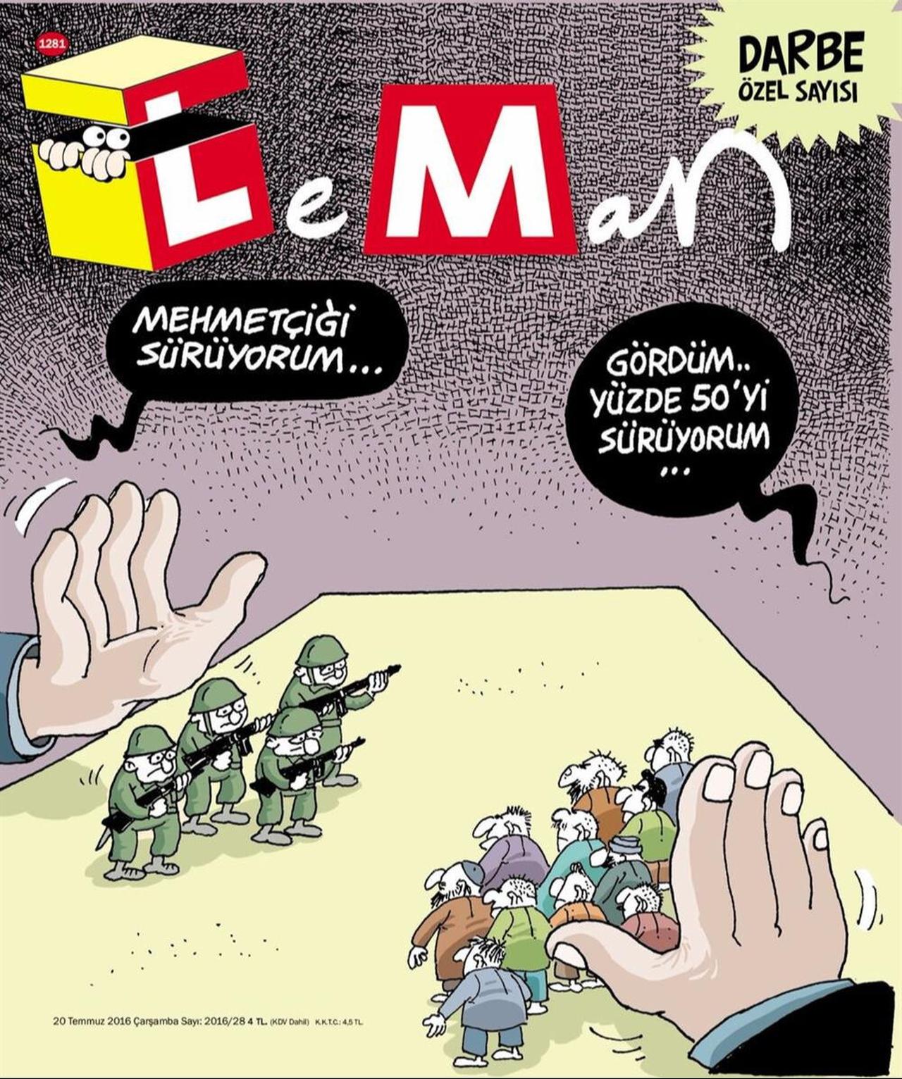 Photo shows controversial illustrations of the 2016 coup attempt in Türkiye, published in satirical magazine Leman, accessed on June 30, 2025. (Photo via turkiyegazetesi.com)
