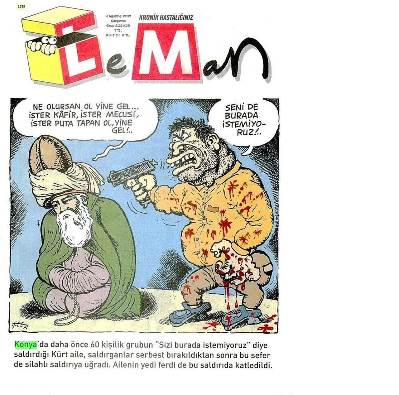 Photo shows controversial portrayal of religious figure and13th-century poet and mystic Rumi, published in satirical magazine Leman, accessed on June 30, 2025. (Photo via turkiyegazetesi.com)
