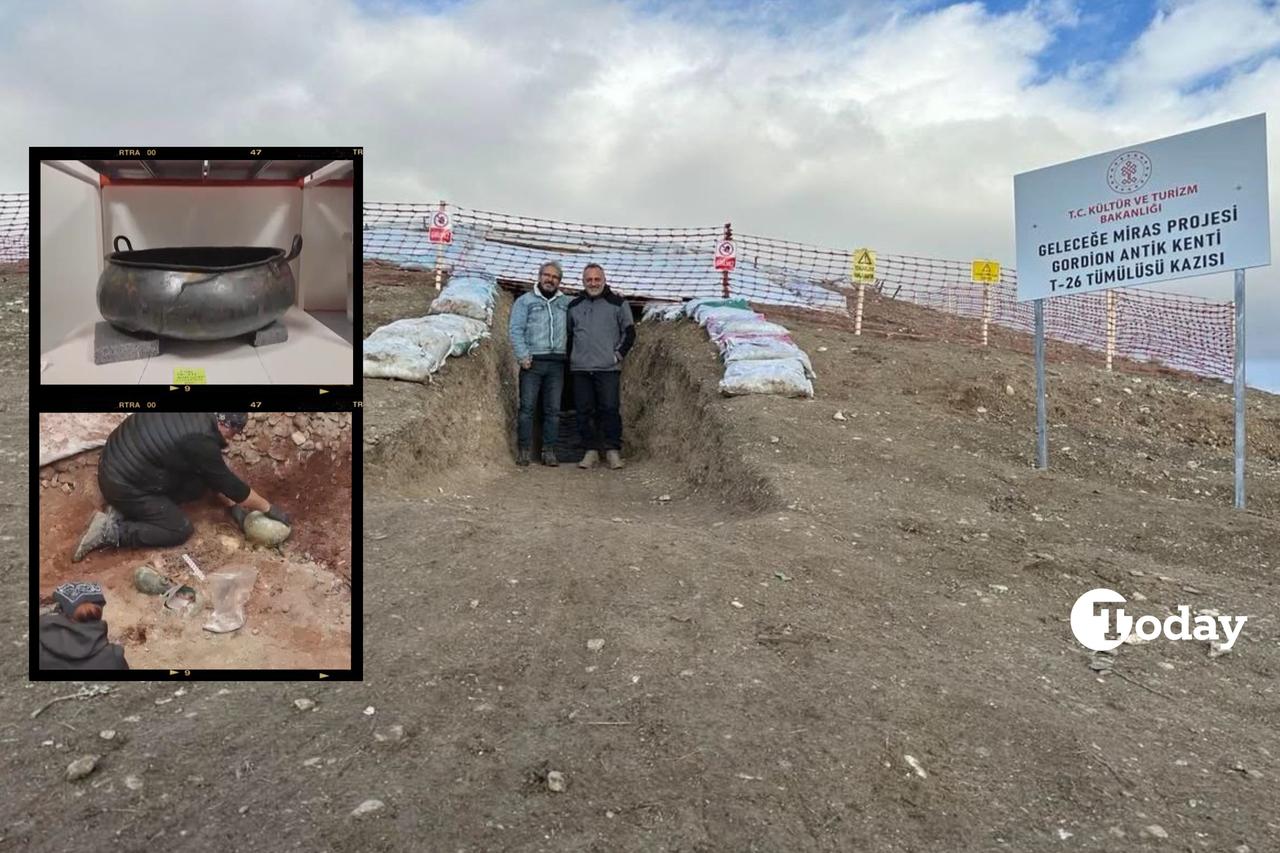 A collage of some discoveries made at Tumulus T26 in the ancient city of Gordion in Ankara, Türkiye, along with photos of scientific advisor Professor S. Yucel Senyurt (L) and Professor Atakan Akcay (R). (Photo collage by Türkiye Today team)