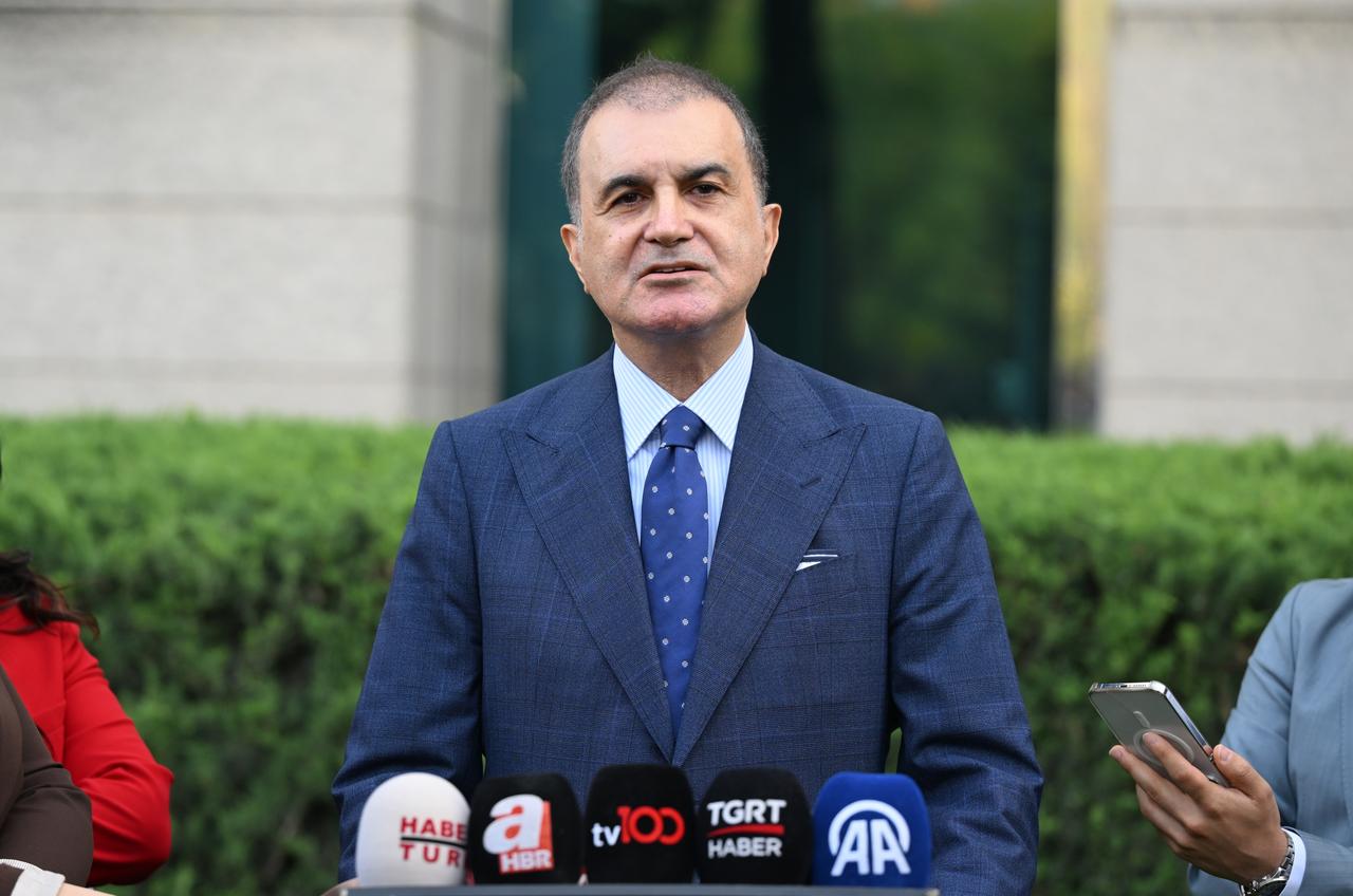 AK Party spokesperson Omer Celik speaks to the press during the Central Decision and Executive Board (MKYK) meeting chaired by President Recep Tayyip Erdogan at the party headquarters, in Ankara, Türkiye, on June 4, 2025. (AA Photo)