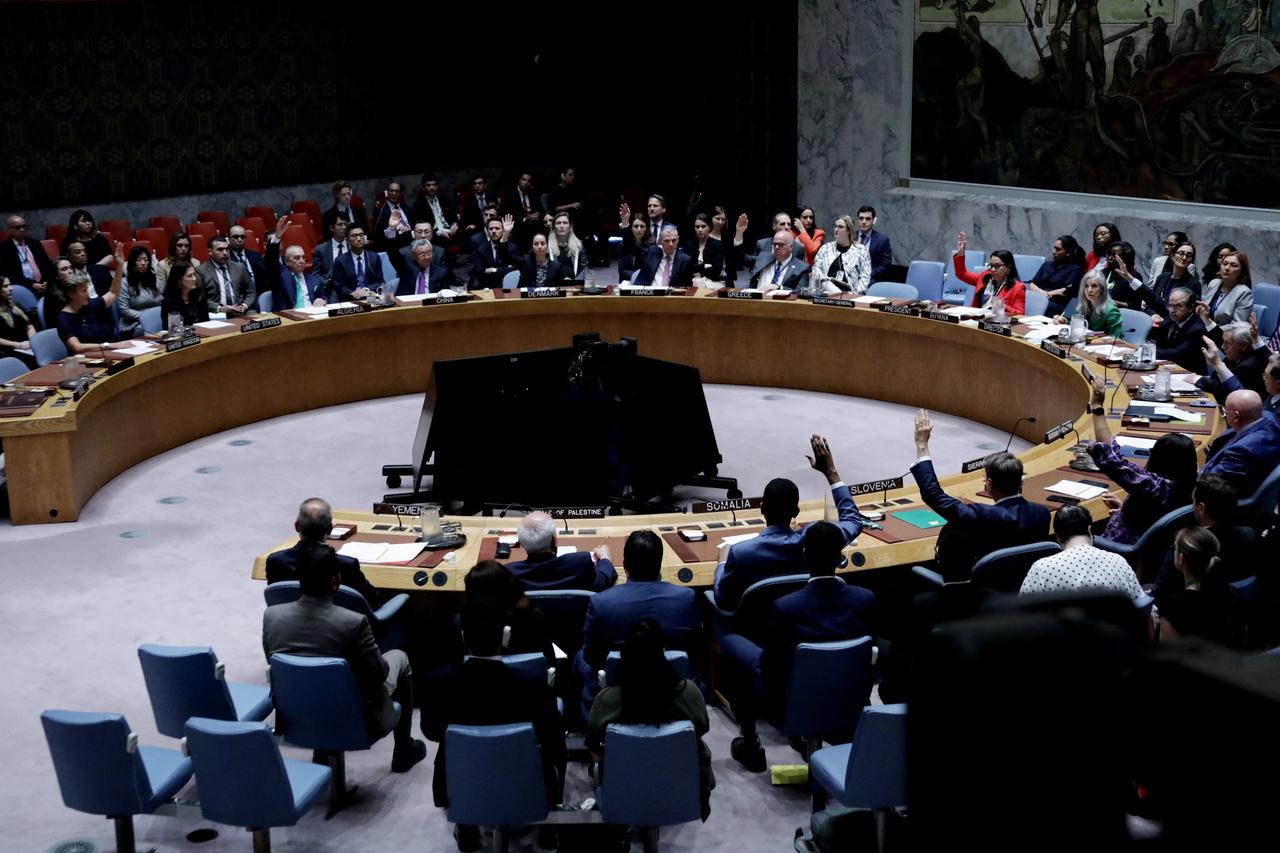 United Nations Security Council members vote on a resolution calling for a ceasefire and unrestricted humanitarian access in Gaza, at UN headquarters in New York City on June 4, 2025. (AFP Photo)