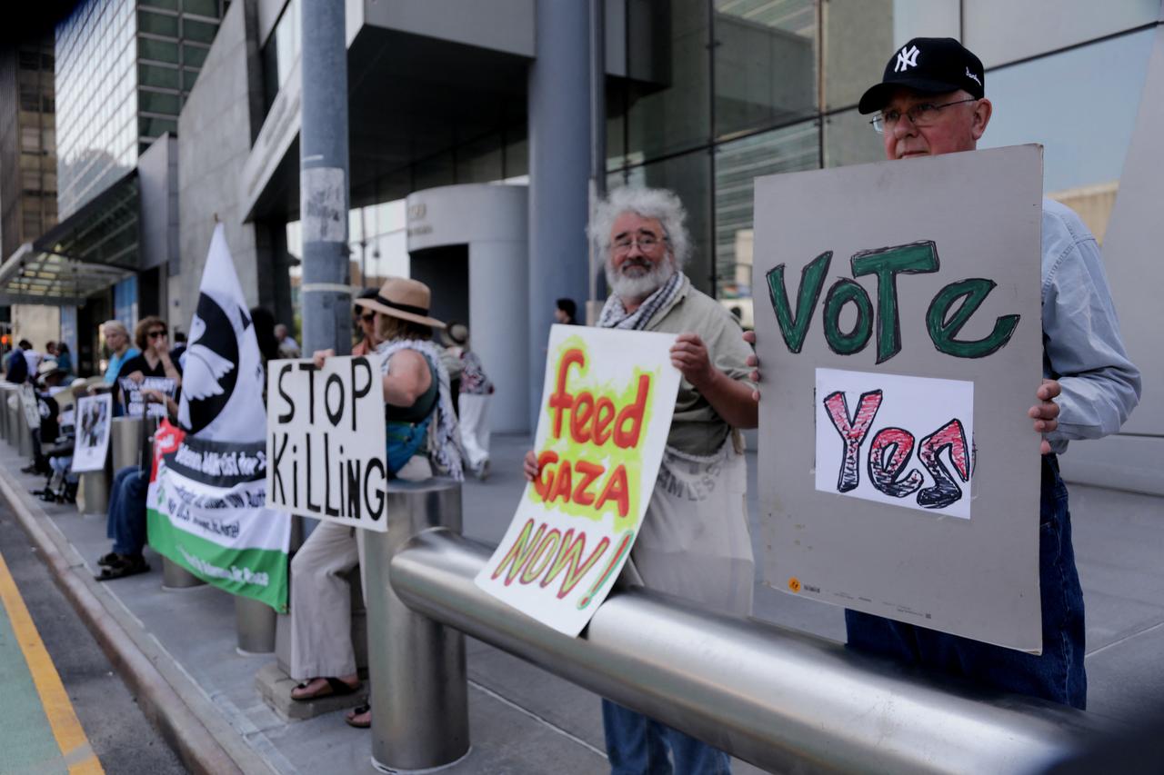 Demonstrators protest in support of Palestinians ahead of a United Nations Security Council meeting to vote on a resolution calling for a ceasefire and unrestricted humanitarian access in Gaza, outside the UN headquarters in New York City on June 4, 2025. (AFP Photo)
