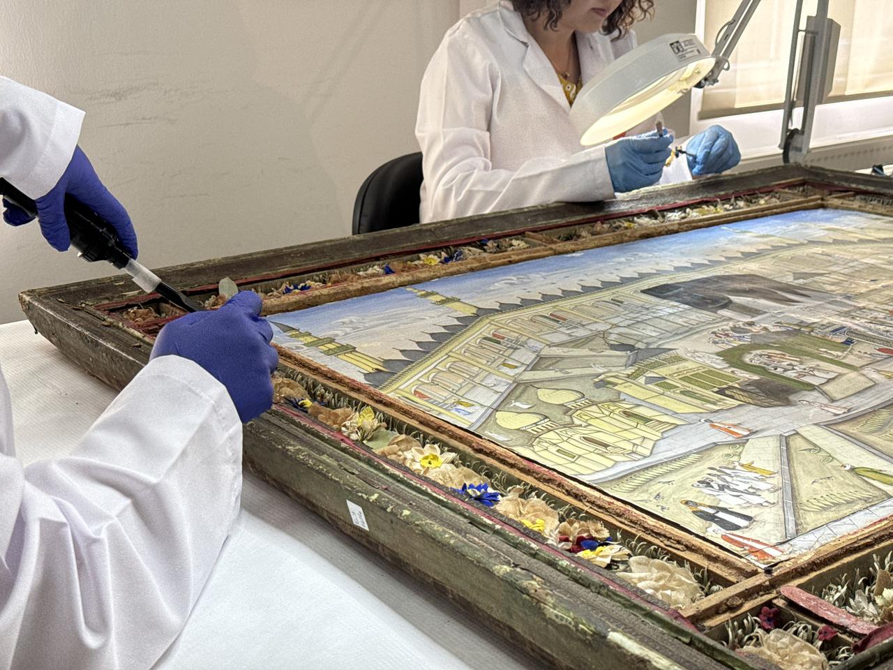 A rare 200-year-old painting of the Masjid al-Haram is being restored at the National Palaces workshops, which house Türkiye’s largest painting collection. (AA Photo)