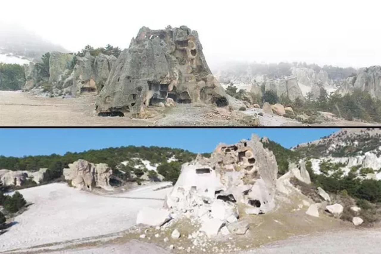 Before and after images of the Ornas Rock Complex, located between the villages of Catagil and Alanyurt in Iscehisar district of Afyonkarahisar, Türkiye, show the destruction caused by treasure-hunting vandals who used dynamite at the 3,000-year-old Phrygia site, which is listed on the UNESCO World Heritage Tentative List, June 5, 2025. (Photo via Salim Uzun/Hurriyet)