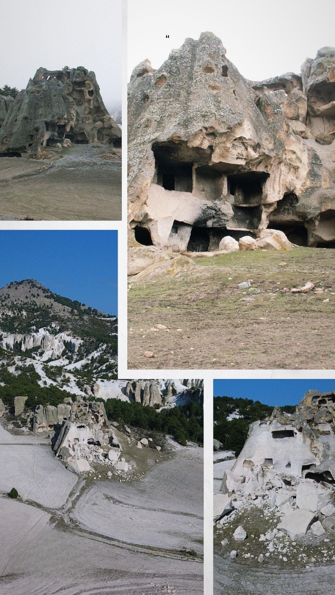 Before and after images of the Ornas Rock Complex, located between the villages of Catagil and Alanyurt in Iscehisar district of Afyonkarahisar, Türkiye, show the destruction caused by treasure-hunting vandals who used dynamite at the 3,000-year-old Phrygia site, which is listed on the UNESCO World Heritage Tentative List, June 5, 2025. (Photo via Salim Uzun/Hurriyet)