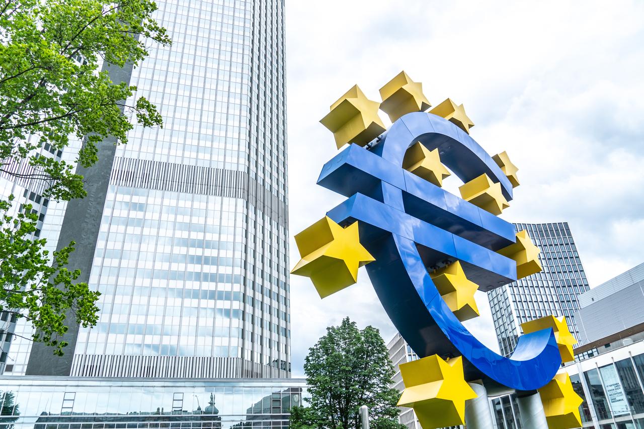 The Euro sculpture stands prominently in front of the European Central Bank headquarters in Frankfurt am Main, Germany, on June 28, 2020. (Adobe Stock Photo)