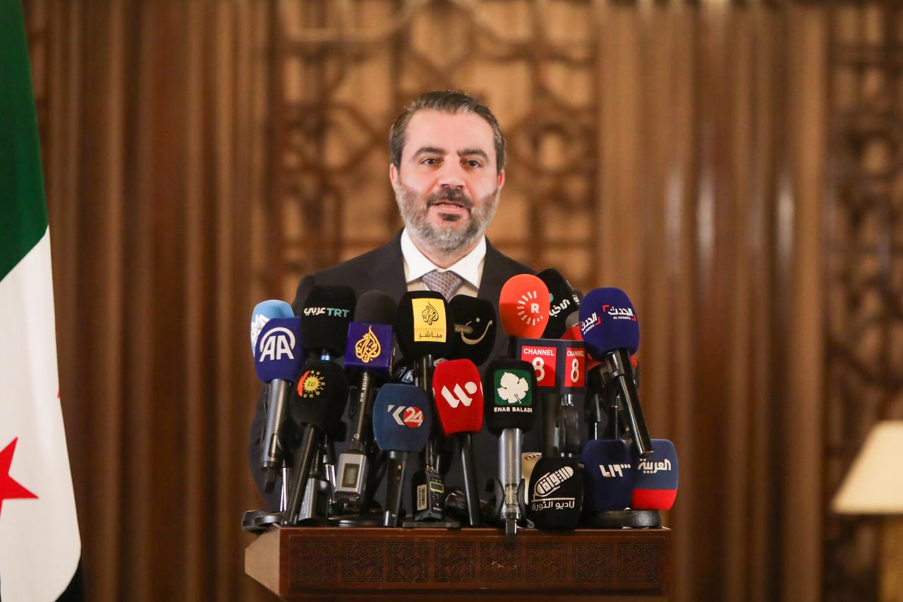 DAMASCUS, SYRIA - JUNE 3: Syrian Foreign Minister Asaad Hassan al-Shaibani speaks to press at Damascus International Airport upon his return from an official visit to Qatar on June 03, 2025 in Damascus, Syria. ( Bakr Al Kasem - Anadolu Agency )