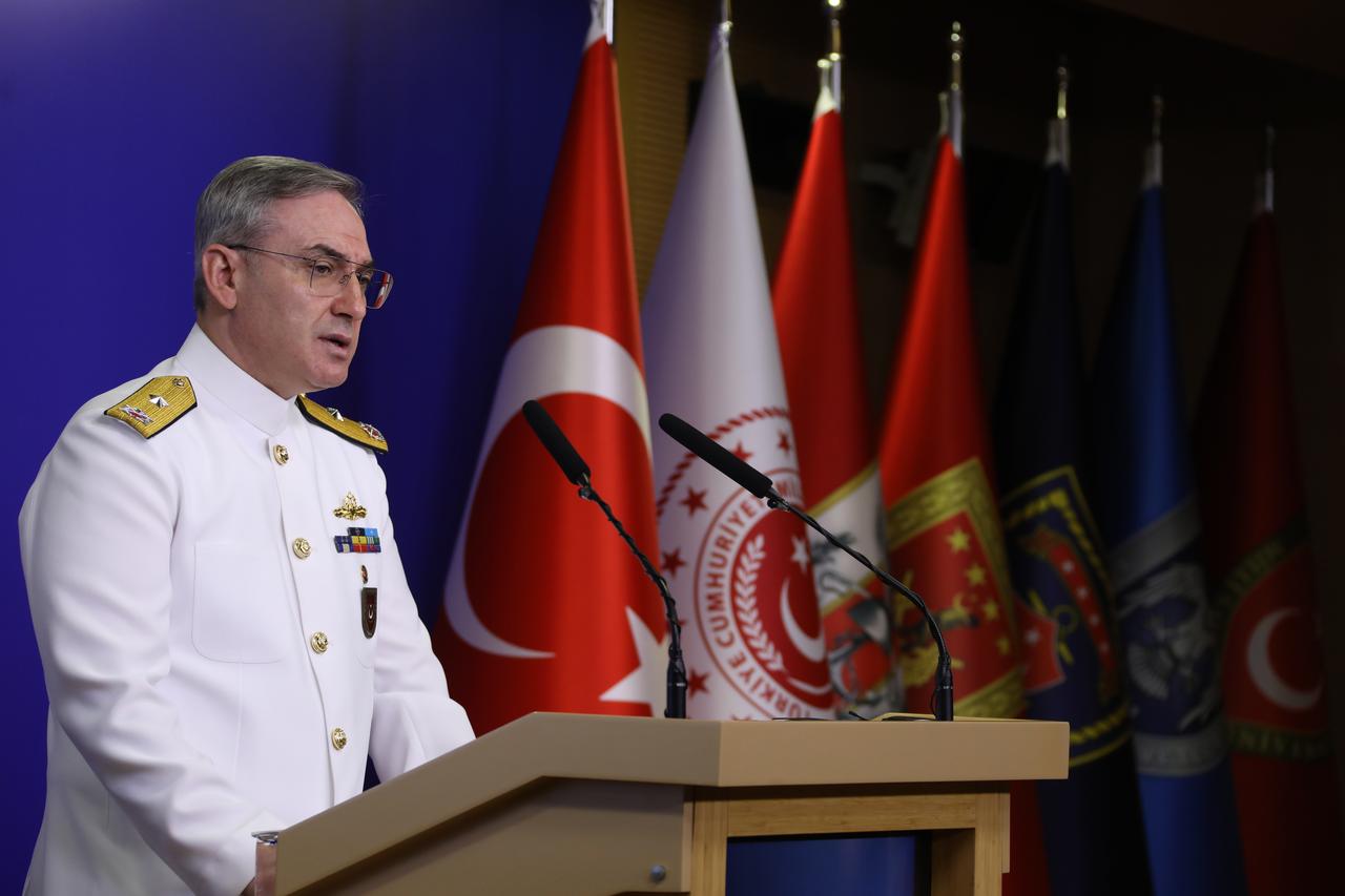 Defense Ministry Press and Public Relations Advisor and Spokesperson Rear Admiral Zeki Akturk speaking at Turkish Defense Ministrys weekly press briefing on 5 June, 2025. (AA Photo)