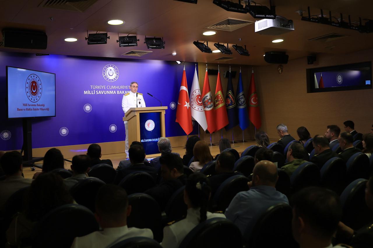 Defense Ministry Press and Public Relations Advisor and Spokesperson Rear Admiral Zeki Akturk speaking at Turkish Defense Ministrys weekly press briefing on 5 June, 2025. (AA Photo)