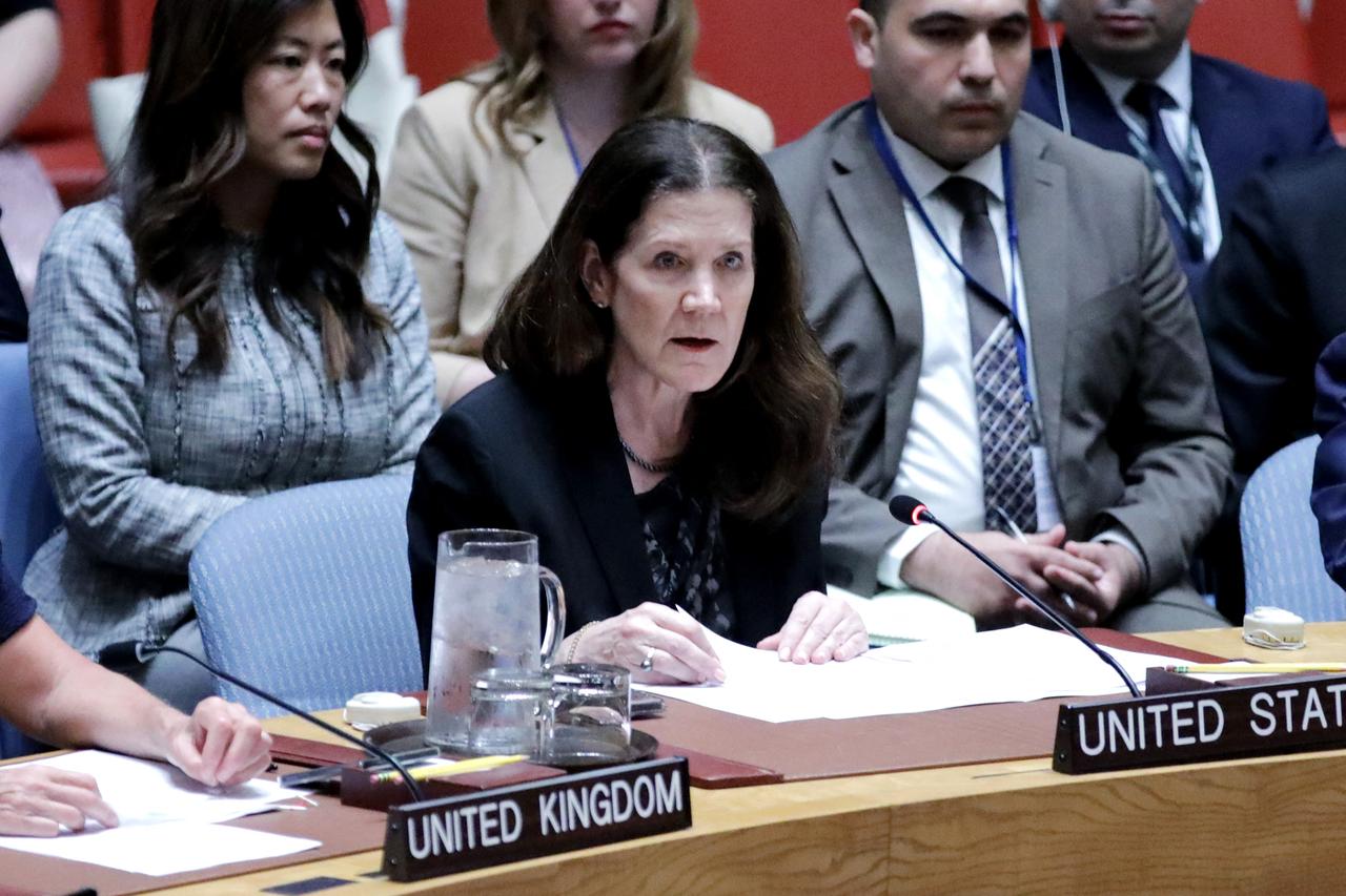 US Embassador to the United Nations Dorothy Shea (C) speaks during a United Nations Security Council meeting to vote on a resolution calling for a ceasefire and unrestricted humanitarian access in Gaza, at UN headquarters in New York City on June 4, 2025. The United States vetoed June 4, 2025 a UN Security Council resolution calling for a ceasefire and unrestricted humanitarian access in Gaza, which Washington claimed undermined ongoing diplomacy to resolve the conflict. (Photo by Leonardo Munoz / AFP)
