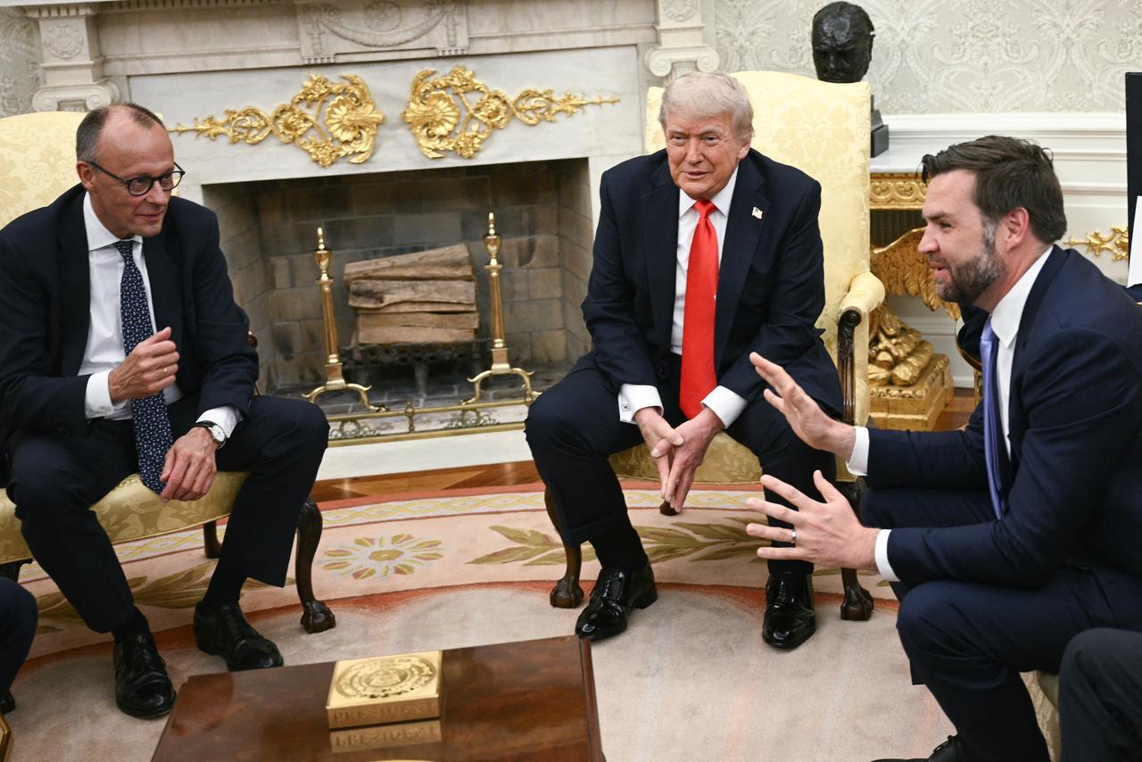 US Vice President JD Vance (R) speaks as President Donald Trump (C) and German Chancellor Friedrich Merz (L) look on during a bilateral meeting in the Oval Office of the White House in Washington, DC, on June 5, 2025. (AFP Photo)