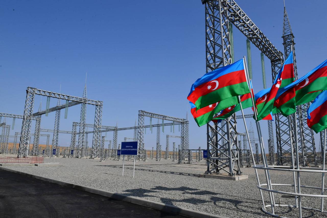 National flag of Azerbaijan during President Ilham Aliyev's visit to the construction progress at “Jabrayil” Junction Substation on 19 October 2022. (Photo via Press Service of the President of the Republic of Azerbaijan)