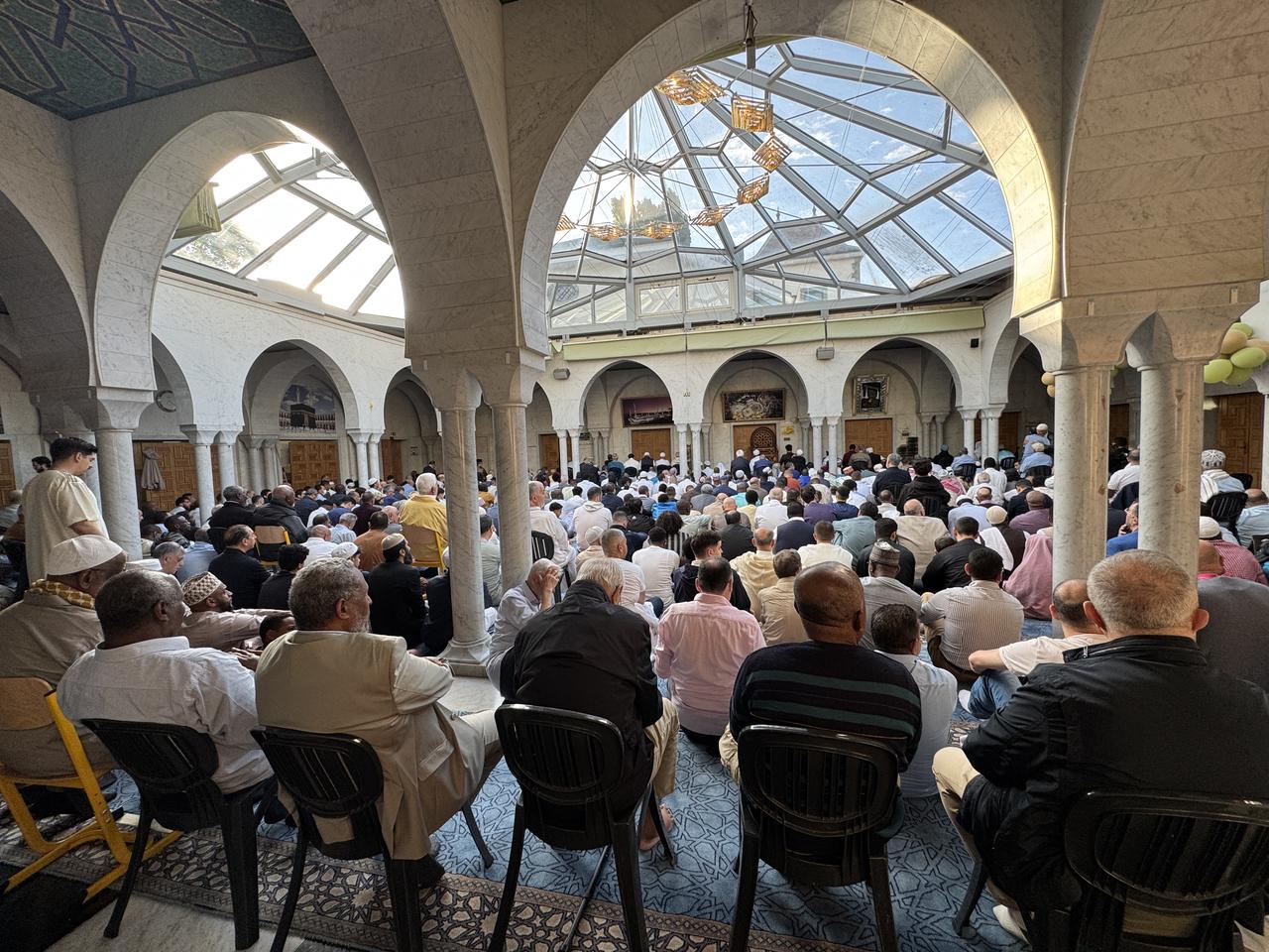 Muslims perform Eid al-Adha prayer at a mosque in the Petit-Saconnex district, operated by the Geneva Islamic Cultural Foundation, in Geneva, Switzerland, June 6, 2025. (AA Photo)