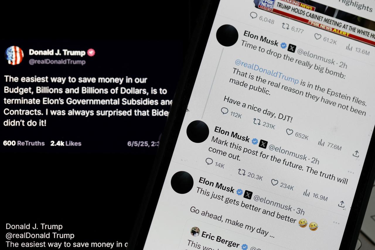 In this photo illustration, social media posts by U.S. President Donald Trump and Elon Musk are displayed on smartphones on June 05, 2025 in San Anselmo, California. (AFP Photo)