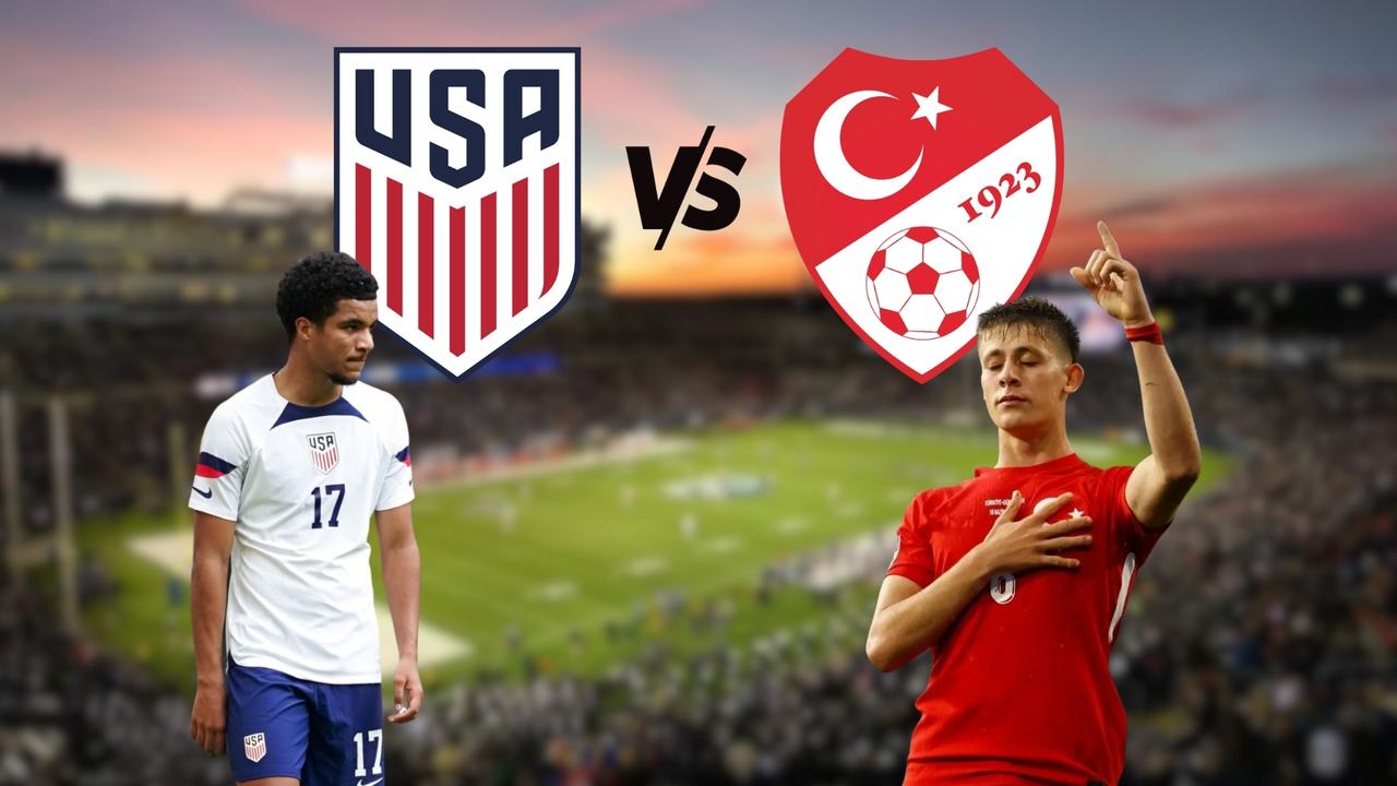 Malik Tillman and Arda Guler in front, USA and Turkiye football national team logos behind, blurred Pratt & Whitney Stadium in background, June 6, 2025. (Türkiye Today created by Canva)