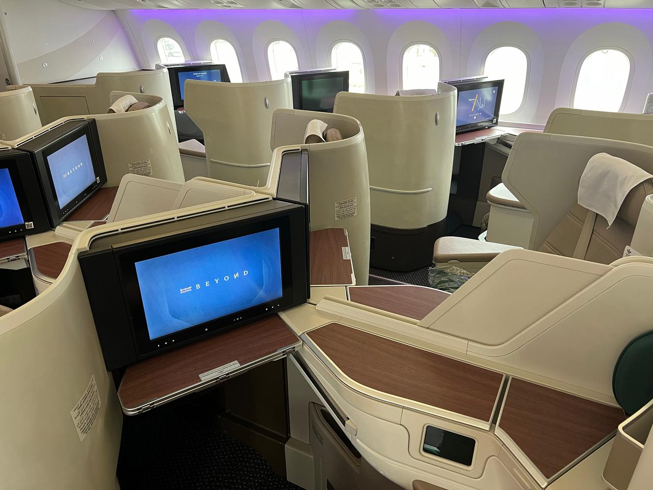Business class cabin of a Saudia Airlines Boeing 787 Dreamliner, featuring private seating and in-flight entertainment, accessed on June 7, 2025. (Adobe Stock Photo)