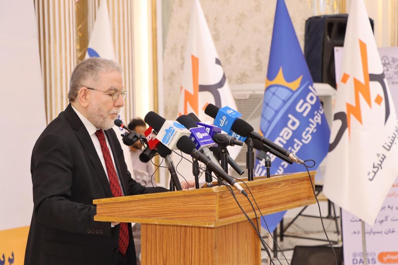 Türkiye’s Consul General in Herat, Sinan Ilhan, speaks at the groundbreaking ceremony for a Turkish-led wind energy project in Afghanistan’s Herat province, June 7, 2025. (AA Photo)