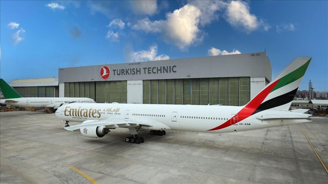 An Emirates aircraft is parked in front of the Turkish Technic maintenance hangar in Istanbul, Türkiye, accessed on June 7, 2025. (AA Photo)