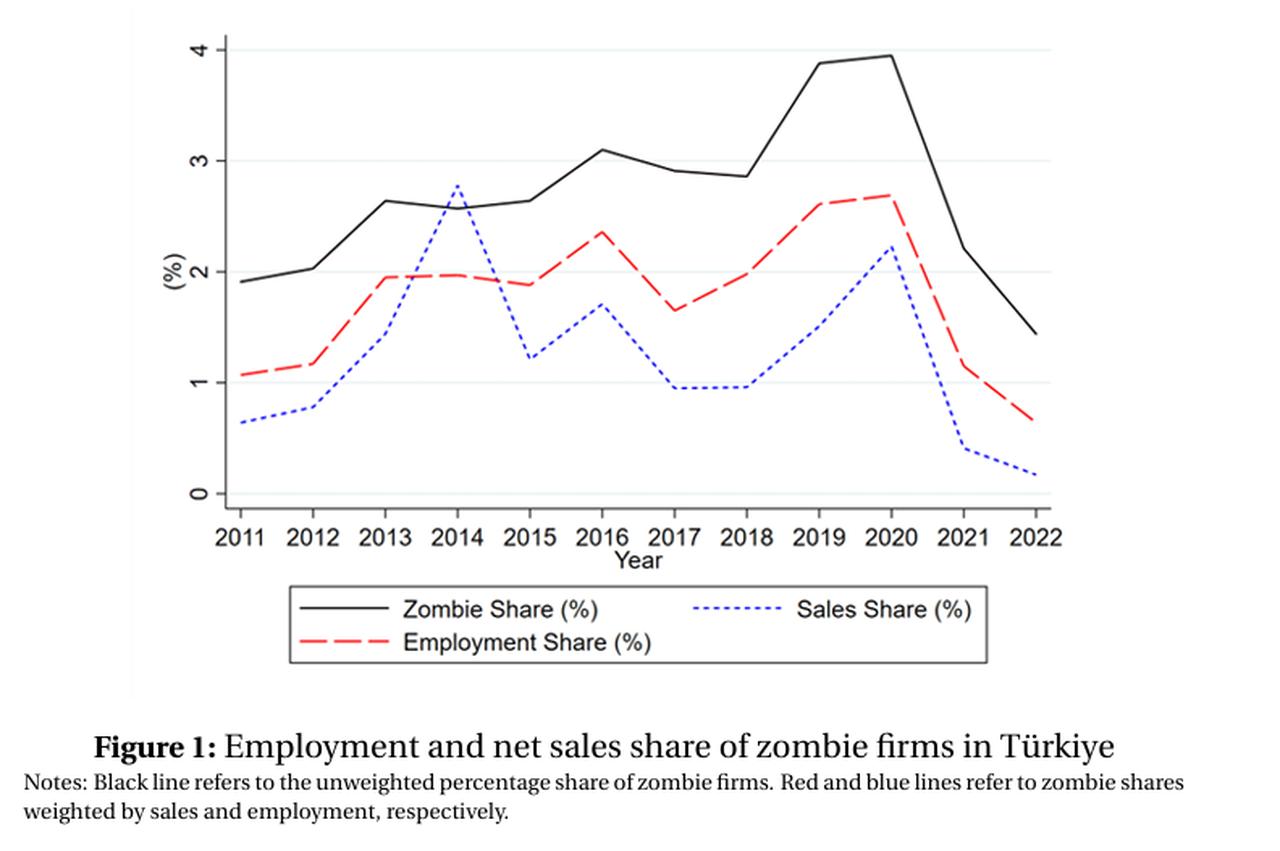 Line chart illustrates the economic footprint of zombie firms in Türkiye, accessed on June 7, 2025. (Chart via CBRT)