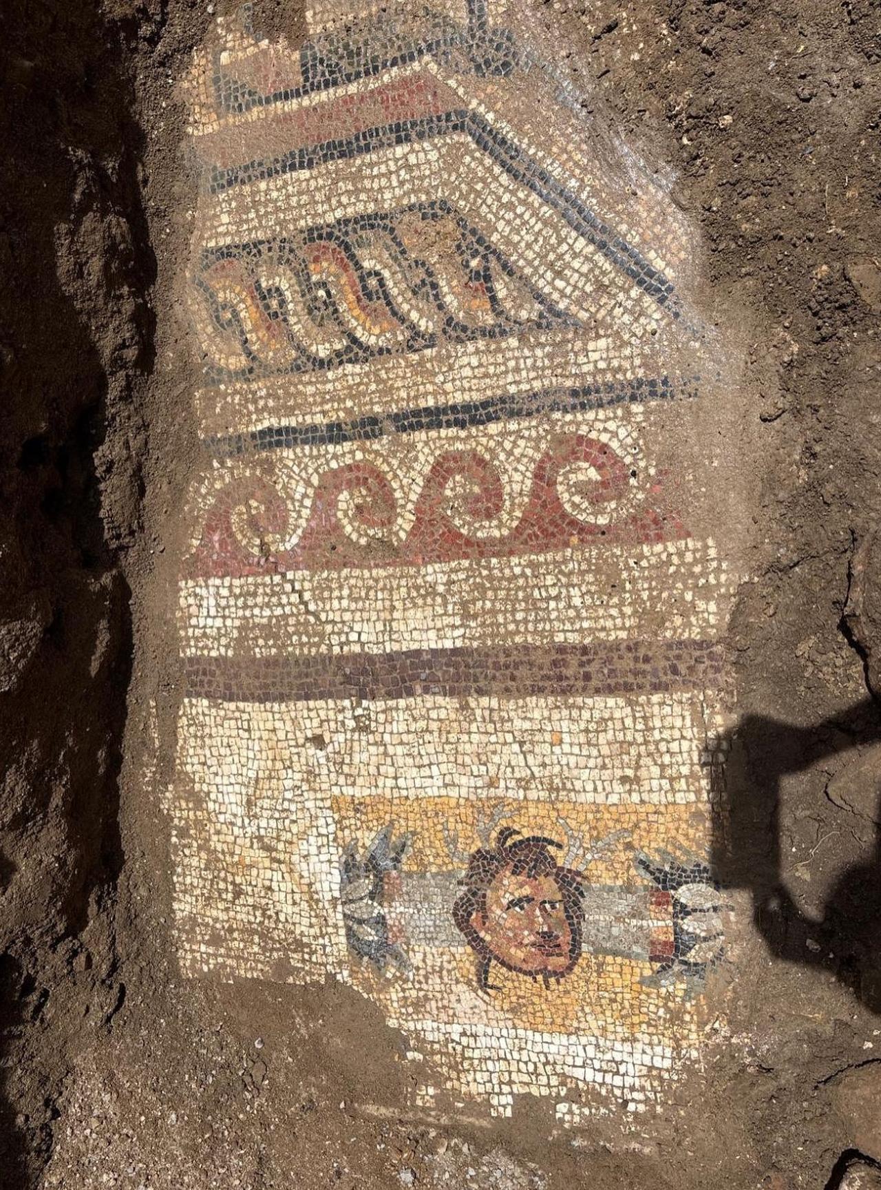 The floor mosaic discovered during ongoing infrastructure works in the Dulkadiroglu district of Kahramanmaras, Türkiye, June 7, 2025. (AA Photo)