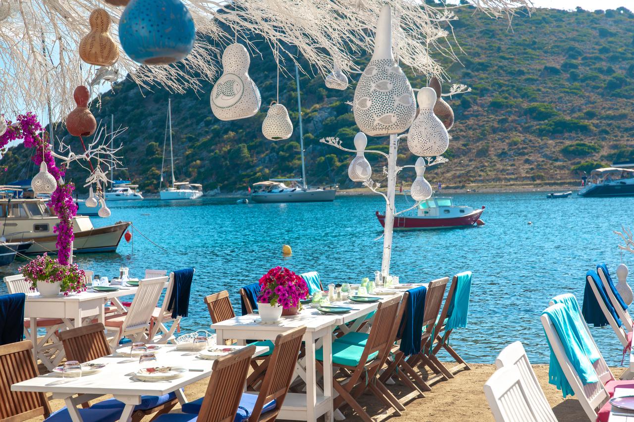 Seaside restaurant adorned with bougainvillea and hanging lanterns on the beach in Bodrum, Mugla, Türkiye, accessed on June 8, 2025. (Adobe Stock Photo)