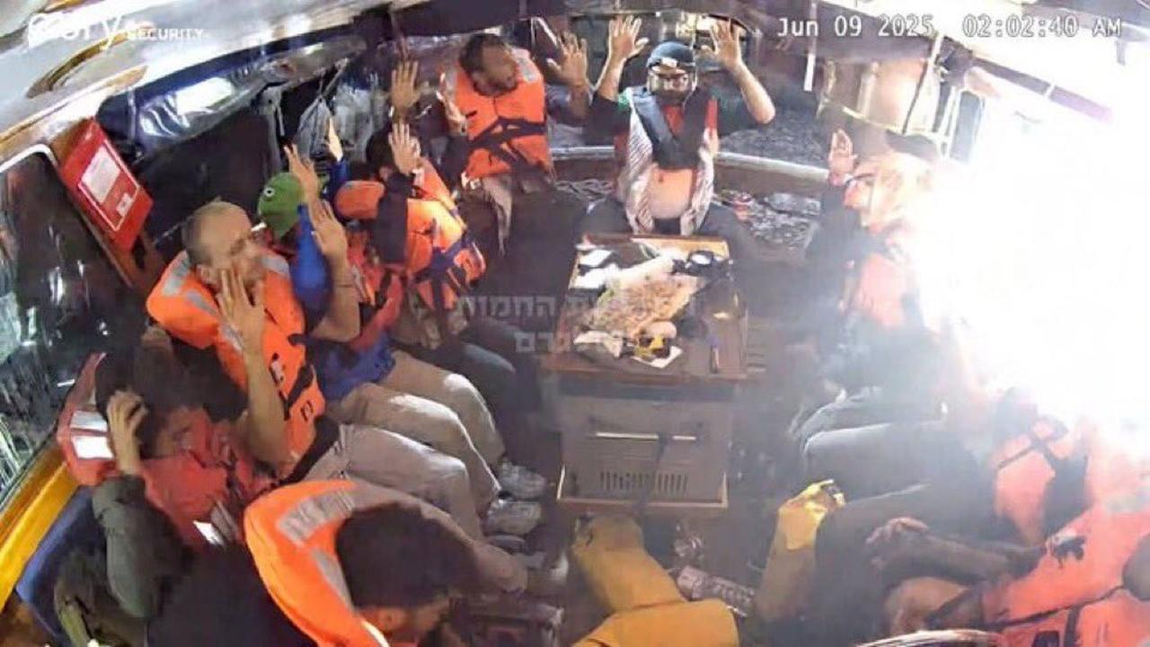 Activists are seen raising their hands after Israeli soldiers boarded the Madleen aid ship. (X/@AryJeay)
