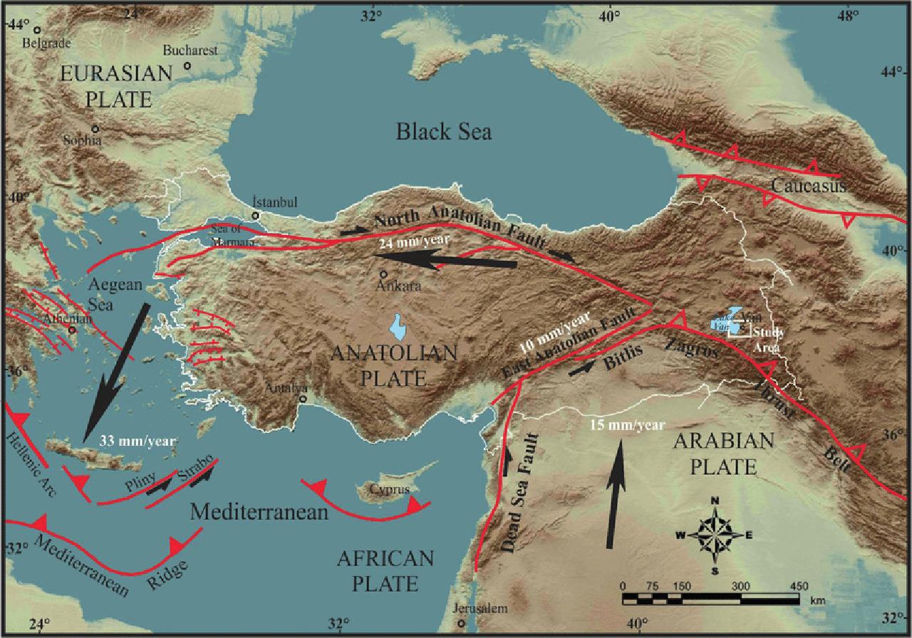 Active tectonic map of Türkiye showing subduction zones, thrust belts, and strike-slip faults with GPS velocity data, Ankara, Türkiye, Dec. 2016. (Photo via Research Gate)