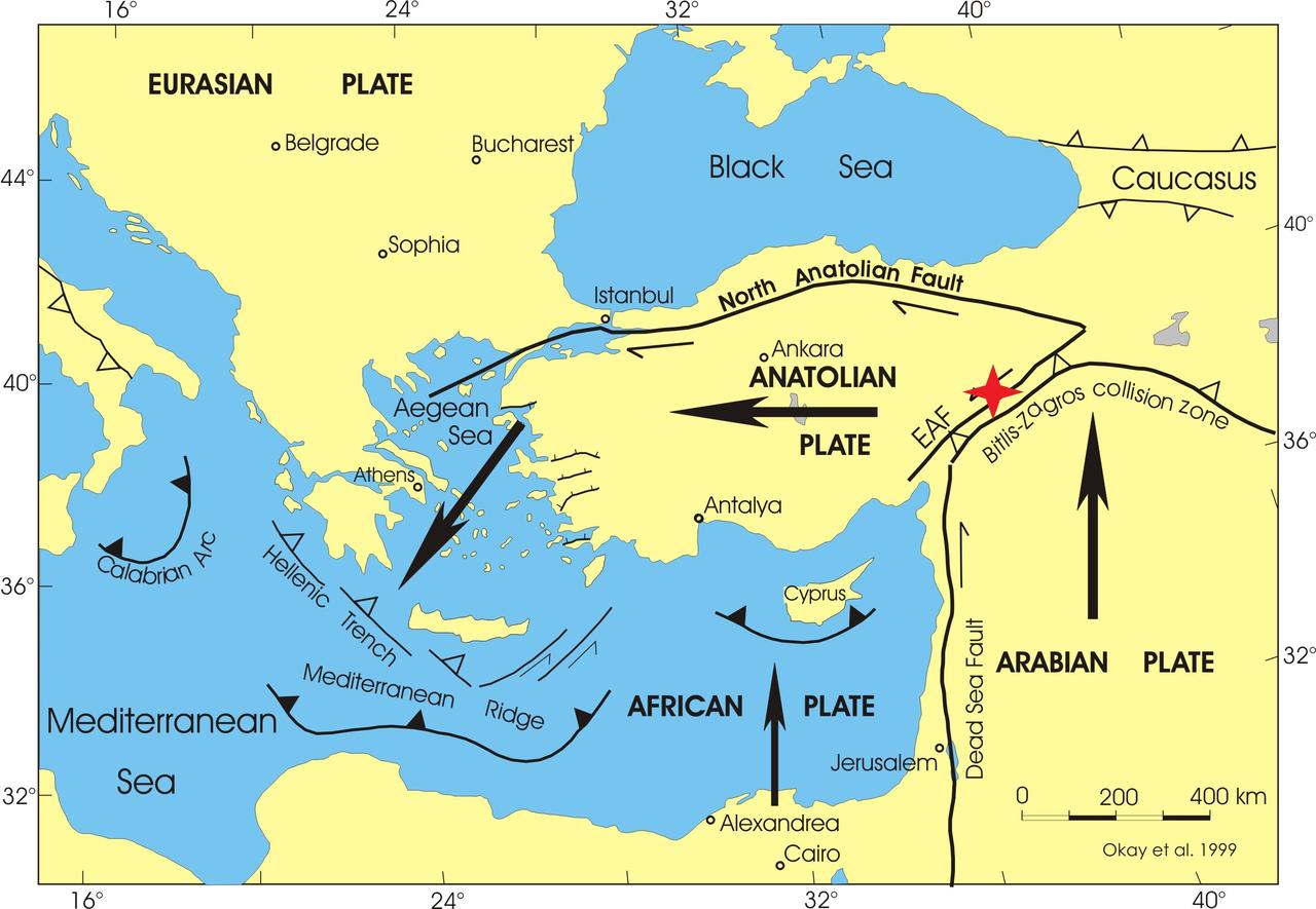 The Anatolian Plate, compressed between the Arabian and Eurasian plates, moves westward; the recent quake is marked in red, Berkeley, United States, Jan. 26, 2020. (Courtesy of UC Berkeley)